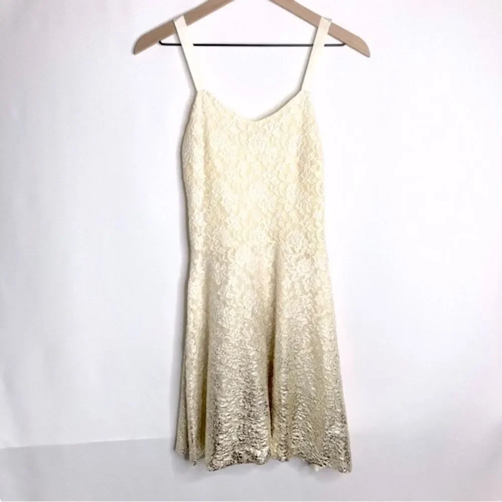 Free People Cream Lace Gold Metallic Ombre Dress Size Small